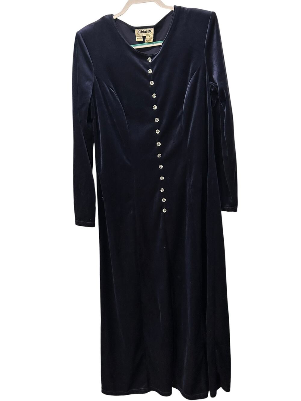Vintage 90s Chiasso Navy Velvet Maxi Dress Jewel Buttons Long Sleeve 16